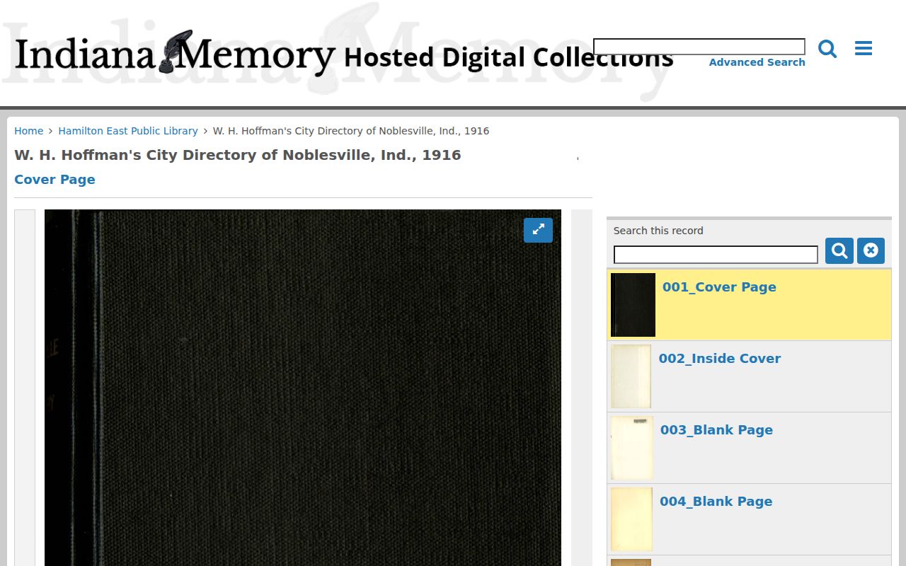 Digitized 1916 W. H. Hoffman Noblesville city directory record