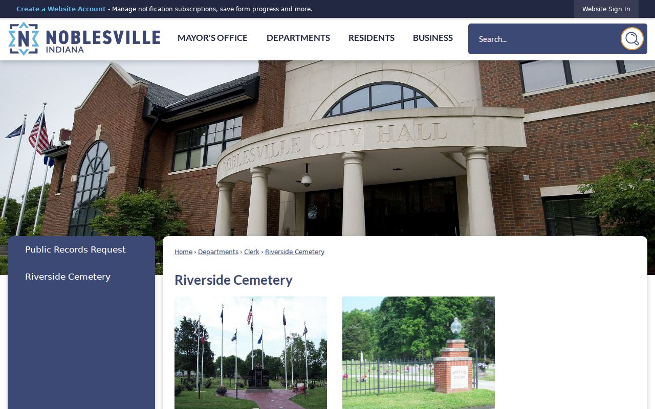 Noblesville Riverside Cemetery records page for former resident research